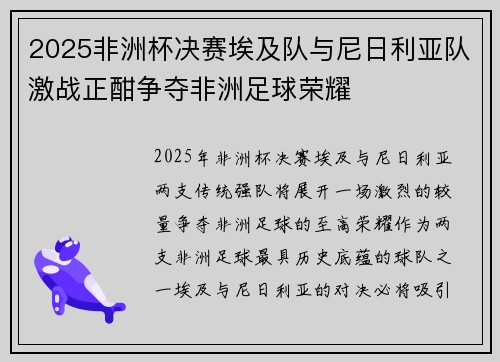 2025非洲杯决赛埃及队与尼日利亚队激战正酣争夺非洲足球荣耀
