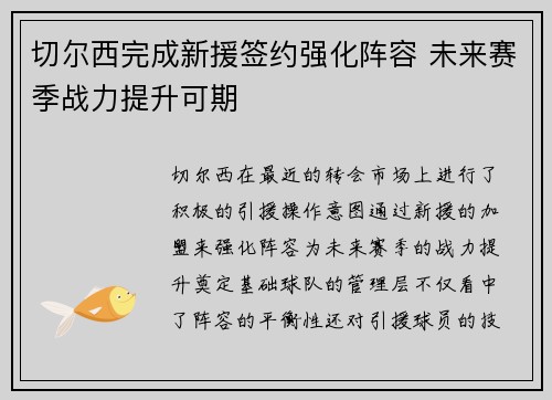 切尔西完成新援签约强化阵容 未来赛季战力提升可期