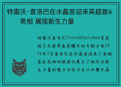 特雷沃·查洛巴在水晶宫迎来英超首发亮相 展现新生力量