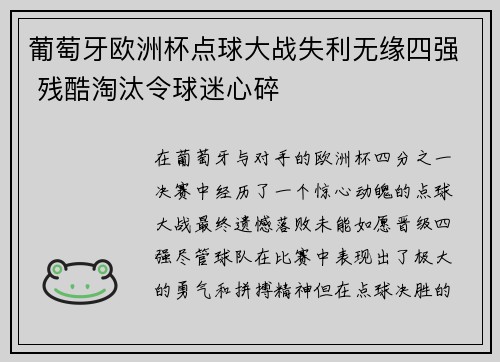 葡萄牙欧洲杯点球大战失利无缘四强 残酷淘汰令球迷心碎